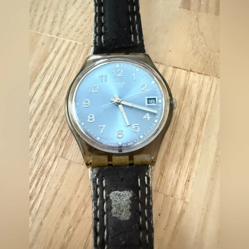 Swatch Blue dial brown strap, Blue Choco classic watch NEW BATTERY